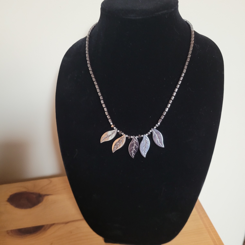 Hematite Bead Necklace with Leaf Charms - Silver